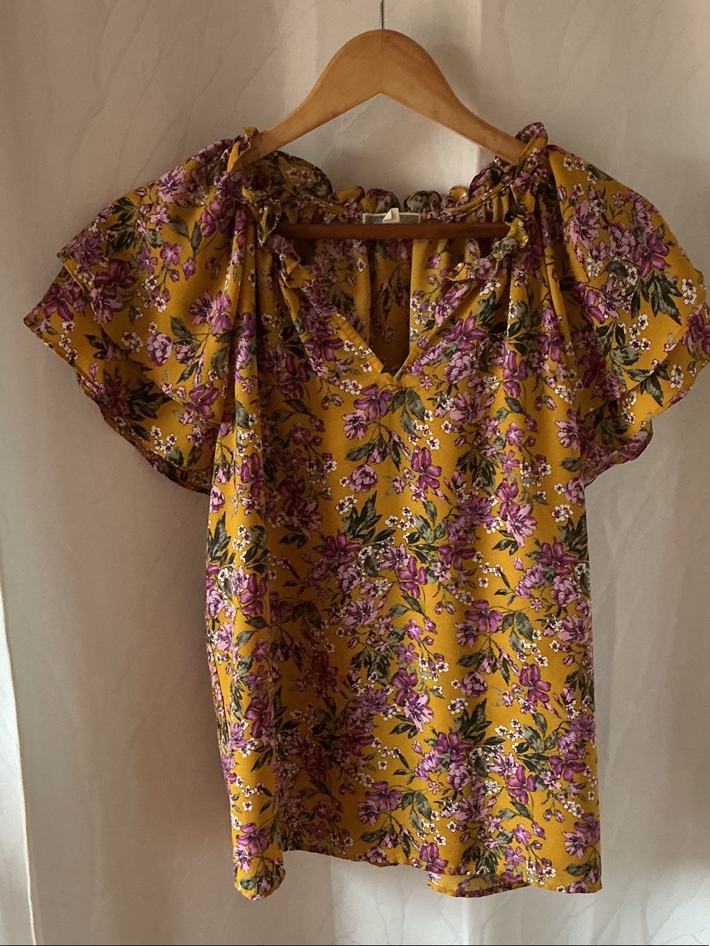 Pleione Mustard Floral Tie-Shoulder Blouse with Purple Print